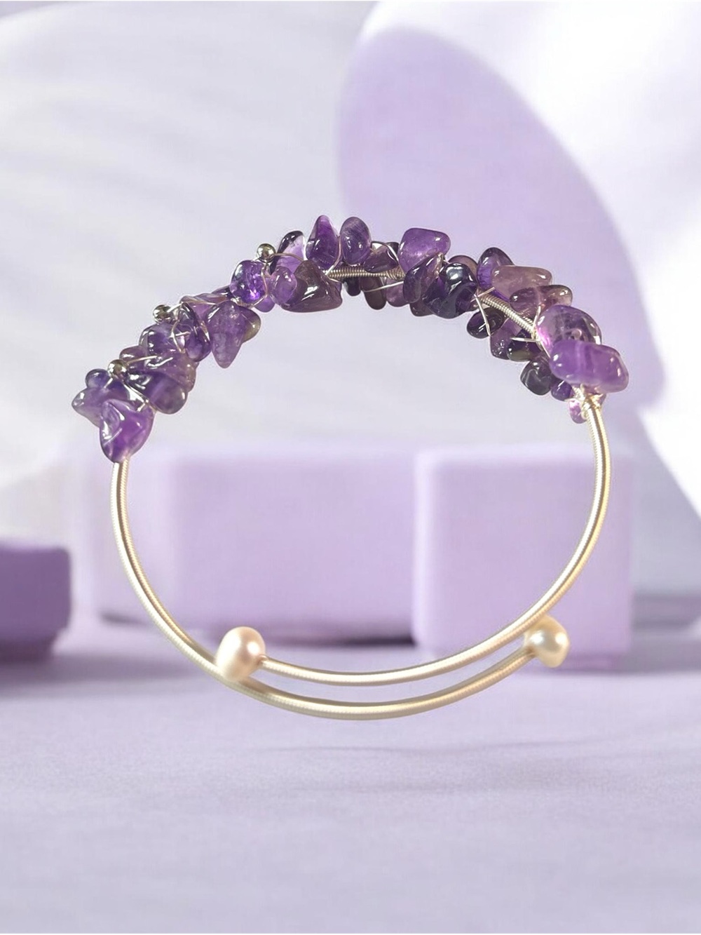 Amethyst Chip Gold-Tone Adjustable Bangle Bracelet